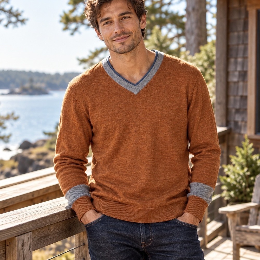 Raffi Linea Uomo Sweater Mens L Orange Merino Wool V-Neck Contrast Trim Pullover